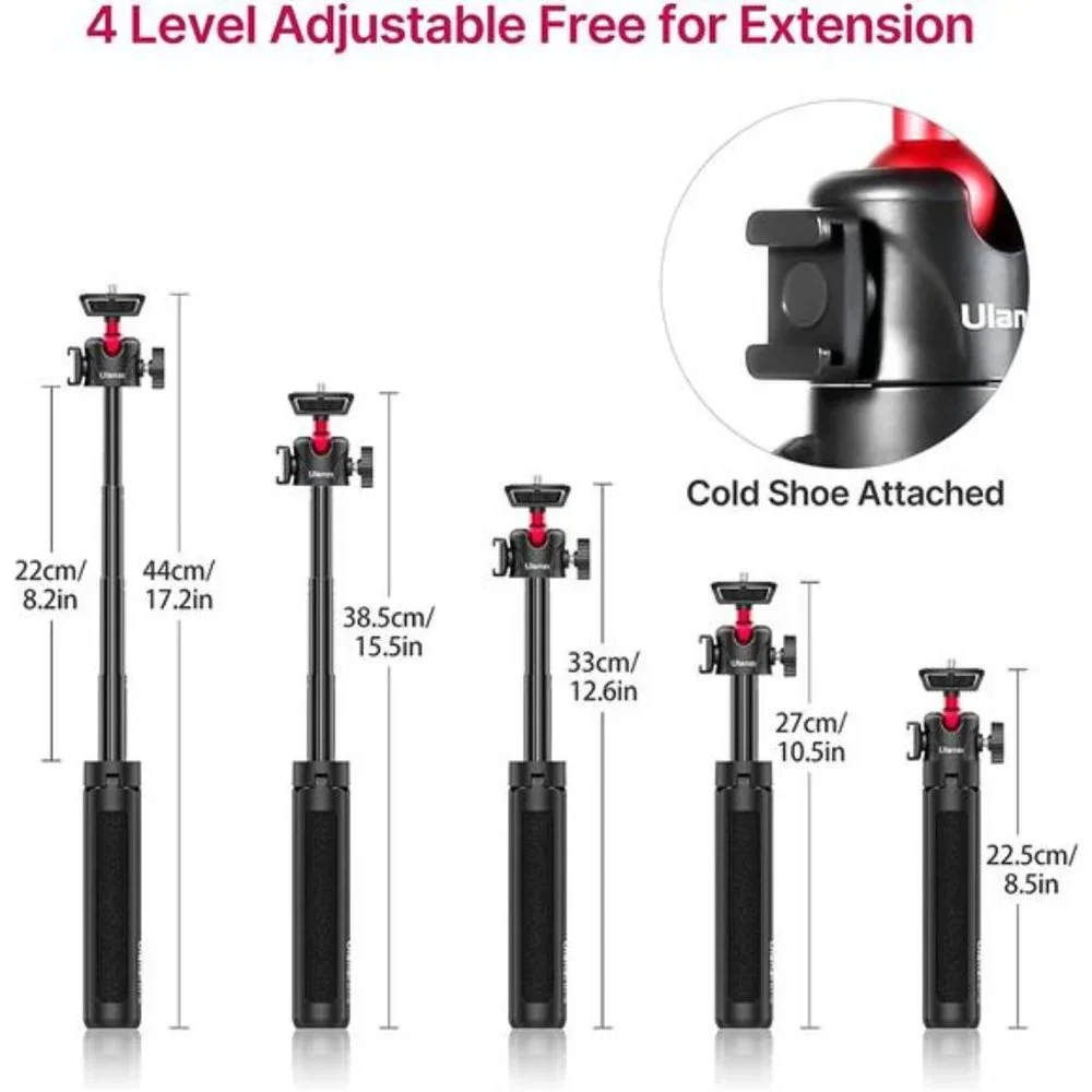 Extendable Mini Camera Tripod, 4 Levels Adjustment 360° Ball Head Cold Shoe